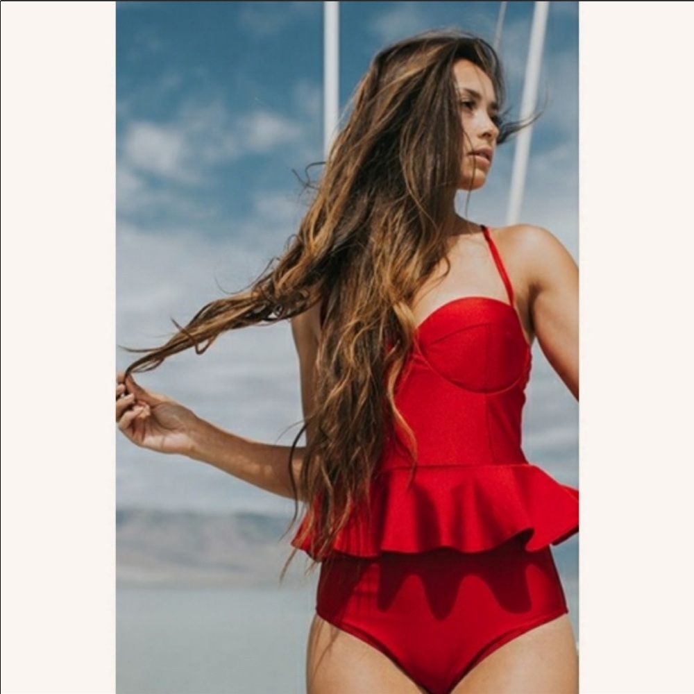 Albion Fit Red Peplum One Piece Swimsuit